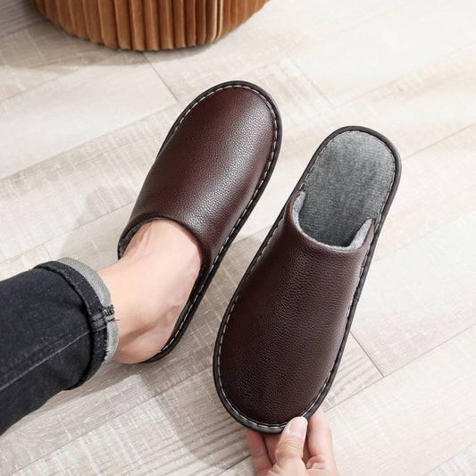 Leather Autumn and Winter Household Slippers Home Indoor Thick Bottom Non-slip Waterproof Warm Home Slippers